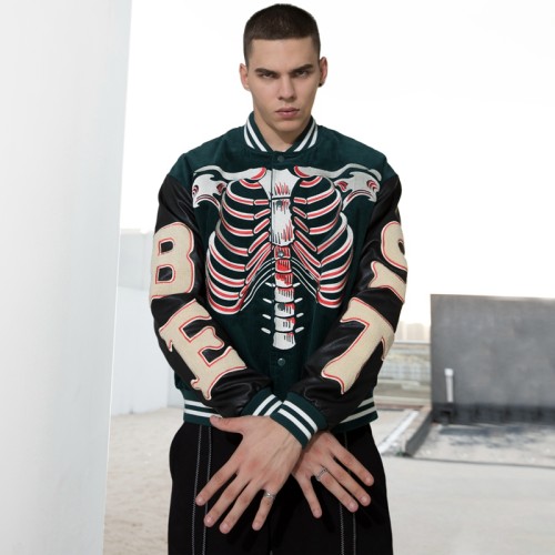Custom Men's Fashion Jacket|Skull and Crossbones Patterned Jacket|Big Embroidery Sleeves LOGO Jacket|Corduroy Body and Leather Sleeves Jacket For Men