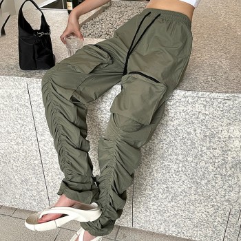 Custom High Street Cargo Pants| Women's Wid Leg Pants|Drawstring waist Cargo Pants| Wrinkle Leg Pants