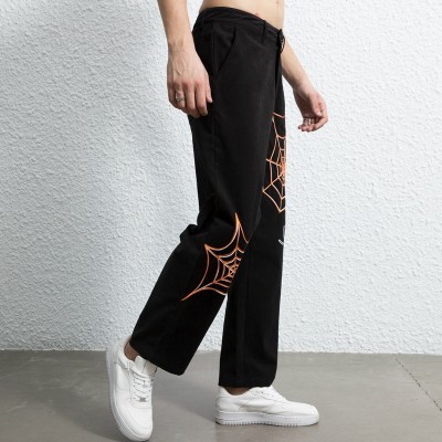 Stock Mens Fashion Trousers| Cobweb Embroidery Pattern Trousers| Men's High Street Pants|Loose Fit Hip-pop Trousers For Men