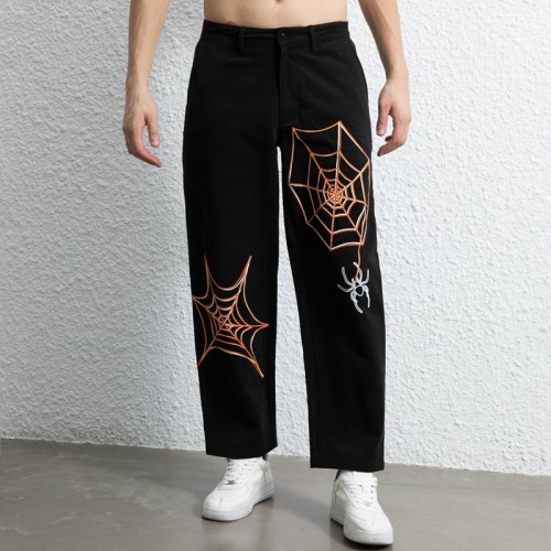 Stock Mens Fashion Trousers| Cobweb Embroidery Pattern Trousers| Men's High Street Pants|Loose Fit Hip-pop Trousers For Men