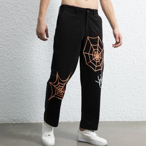 Stock Mens Fashion Trousers| Cobweb Embroidery Pattern Trousers| Men's High Street Pants|Loose Fit Hip-pop Trousers For Men