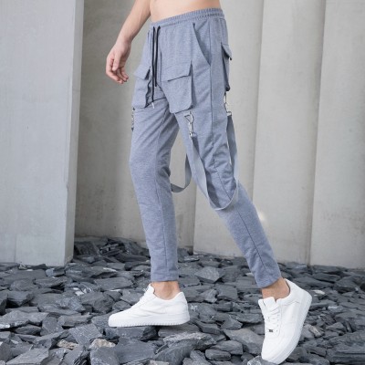 Stock Men's High Street Cargo Pants| Fashion Multi Pockets Cargo Pants| Drawstring Waistband Skiny Cargo Pants| Leg Side Belt Cargo Pants