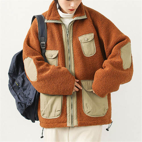 Custom Women's High Street Coat| Winter Warm Lamb Wool Coat For Lady| Stand Collar big Pockets Women's Coat