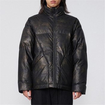 Custom Women's PU Leather Puff Jacket| Stand Collar Winter Jackets For Lady| Custom Tie Dye Design Puff Jacket For Women