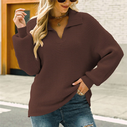 Custom Women's Fashion Sweaters|Long Sleeve Solid Color Sweater For Women| Loose Turn Down Neck Knitted Sweater