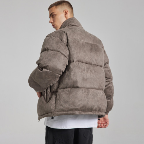 Custom Men's Suede Cotton Coat| Custom Letter Embossed Cotton Coat| Wholesale Loose Stand Collar Cotton Coat
