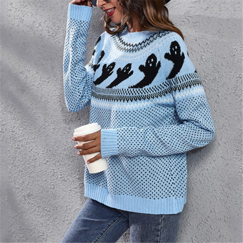 Custom Halloween Style Sweaters| Ghost Retro Polka Dot Design Hoodie| Long Sleeve Knit Sweater For Women