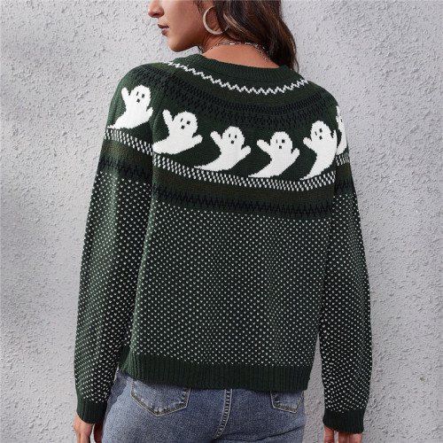 Custom Halloween Style Sweaters| Ghost Retro Polka Dot Design Hoodie| Long Sleeve Knit Sweater For Women