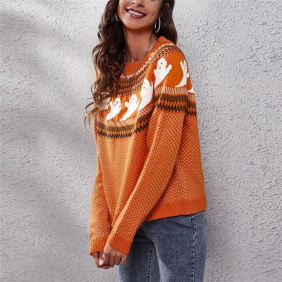 Custom Halloween Style Sweaters| Ghost Retro Polka Dot Design Hoodie| Long Sleeve Knit Sweater For Women