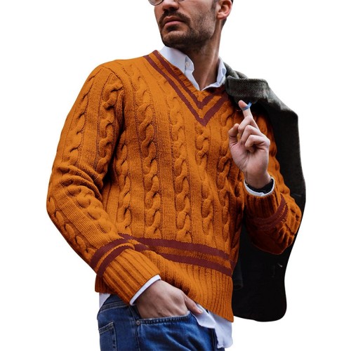 Custom Men's European American V-Neck Sweater | Striped Colorblock Knitted Sweater | Autumn Winter Sweater