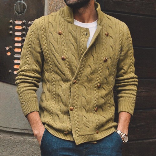 Custom Men's European American Sweater | Solid Color Half Turtleneck Sweater | Double Breasted Knit Cardigans