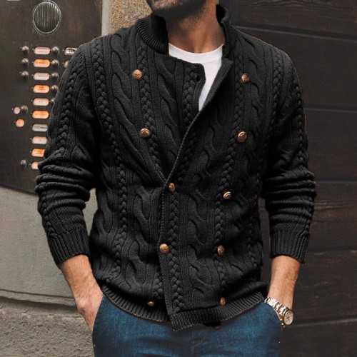 Custom Men's European American Sweater | Solid Color Half Turtleneck Sweater | Double Breasted Knit Cardigans