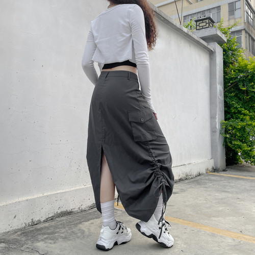 Custom Women's Harajuku Style Sweet Cool Girl Skirt | Personality Side Pleated Slit Skirt | Tooling Pocket All-Match Irregular Midi Skirt
