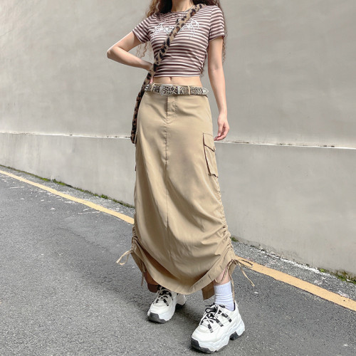 Custom Women's Harajuku Style Sweet Cool Girl Skirt | Personality Side Pleated Slit Skirt | Tooling Pocket All-Match Irregular Midi Skirt