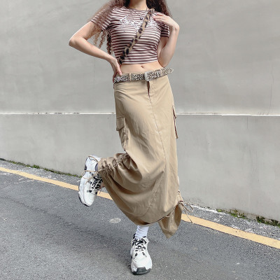 Custom Women's Harajuku Style Sweet Cool Girl Skirt | Personality Side Pleated Slit Skirt | Tooling Pocket All-Match Irregular Midi Skirt