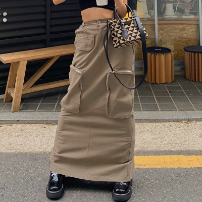 Benutzerdefinierte Damen Multi-Pocket Solid Cargo Rock | High Street Fashion Langer Rock | Hip-Hop-Rock mit mittlerer Taille
