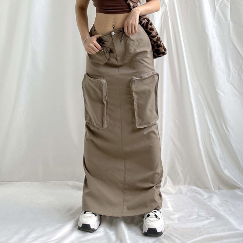 Benutzerdefinierte Damen Multi-Pocket Solid Cargo Rock | High Street Fashion Langer Rock | Hip-Hop-Rock mit mittlerer Taille