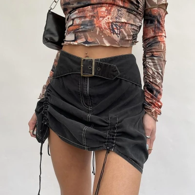 Custom Women's Sexy Hot Girl Bag Hip Skirt | High Street Skirt | Pleated Design Japanese Word Buckle Belt Skirt