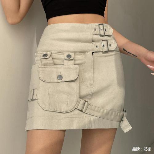Benutzerdefinierte Damen Pocket Tooling Denim Kurzer Rock | Neuer Rock mit doppeltem japanischem Knopfdesign | Hot Girl High Waist Pack Hüftrock