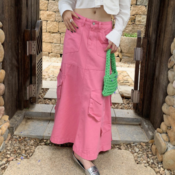 Custom Women's Tooling Denim Skirt | Autumn Heavy Industry Design Skirt | Multiple Pocket Umbrella Skirt