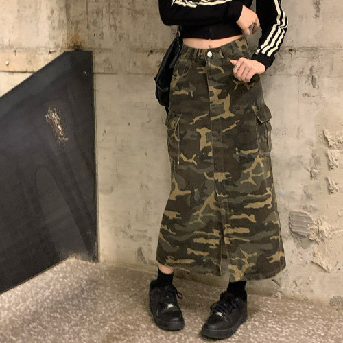 Benutzerdefinierte Damen Retro Camouflage Jeansrock | Herbstrock mit hoher Taille | Mittellanger A-Linien-Rock für Damen