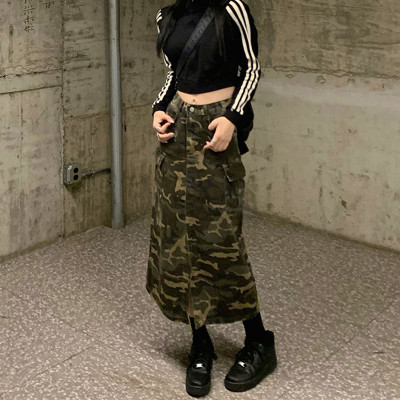 Custom Women's Retro Camouflage Denim Skirt | Autumn High Waist Skirt | Custom Women's Tooling Mid-Length A-Line Skirt