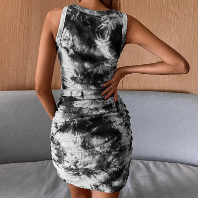 Wholesale Women's Tie Dye Drees| Sleeveless Sexy Round Neck Dress|Womens Elegant Hip Wrap Dress