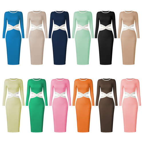 Großhandel Damen Senior geripptes Kleid| Aushöhlen enges Langarm-Kleid | Sexy elegantes Wickelkleid auf Lager