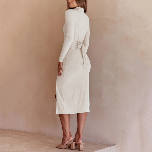 Großhandel langärmliges, geripptes Kleid | Mode Sexy Slim Fit Kleid| Einreihiges, elegantes Damenkleid