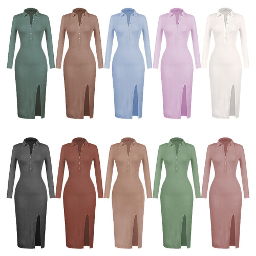 Оптовая продажа длинное рукава разрез ребристое платье | модное сексуальное облегающее платье | однобортное элегантное женское платье