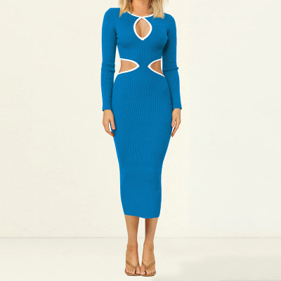 Women's Ribbed Sexy Dress| Hollow-out Long Sleeve Sheath Dress |Senior Wrap-hip MIDI Dress