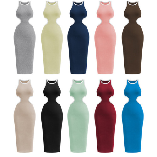 Großhandel Rundhals-Pullover-Kleid| Frauen aushöhlen sexy Kleid | Ärmelloses langes Kleid mit Hüftwickel