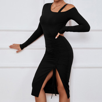 Hot Sale Pull Rope Slit Sexy Dress| Single Shoulder Long Sleeve Elegent Skirt| Autumn And Winter Hip Wrap Dress