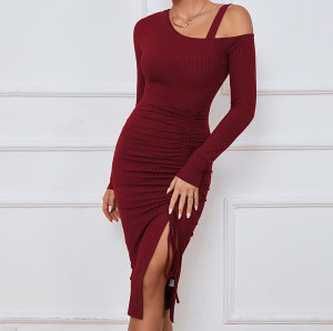 Hot Sale Pull Rope Slit Sexy Dress| Single Shoulder Long Sleeve Elegent Skirt| Autumn And Winter Hip Wrap Dress