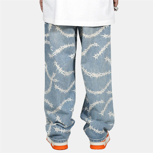 Benutzerdefinierte europäische amerikanische Hip-Hop-Hose für Herren | Frühlings-Herbst-Loose Straight Jeans | Dünne Schnitt High Street Thorns Print Long Pants