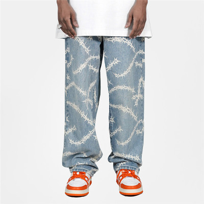 Benutzerdefinierte europäische amerikanische Hip-Hop-Hose für Herren | Frühlings-Herbst-Loose Straight Jeans | Dünne Schnitt High Street Thorns Print Long Pants