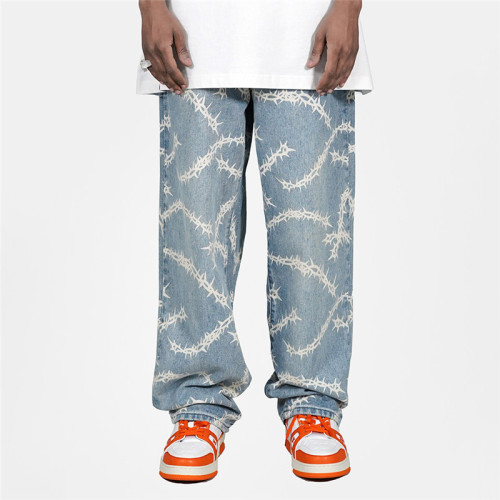 Pantalon hip-hop européen américain personnalisé pour hommes | Jeans droits lâches printemps automne|Pantalons longs imprimés d'épines à section mince