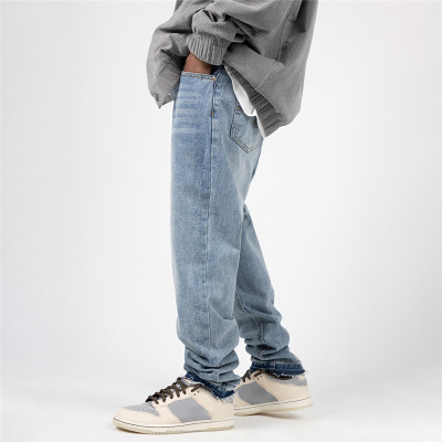 Custom Men's Spring Autumn New Jeans | Raw Edge Design Loose Straight Trousers | American Casual Trend All-Match Pants