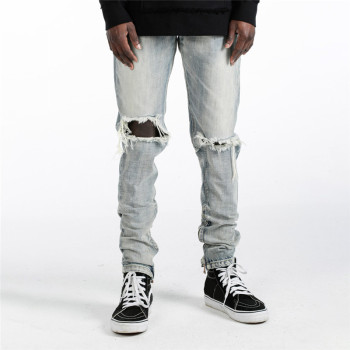 Custom Men's Hip-Hop Tide Brand Beggar Black Trousers | Slim Small Feet Personality Pant | Men's High Street Hole Jeans