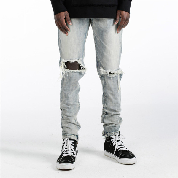 Pantalones negros personalizados de Hip-Hop Tide Brand Beggar para hombre | Pantalón ajustado con personalidad de pies pequeños | Vaqueros Wild American High Street Hole