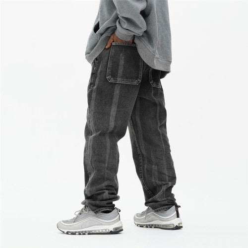 Vieux jeans délavés à jambes larges pour hommes personnalisés | Pantalon décontracté de marque American Retro Tide | Pantalon ample noir hip-hop
