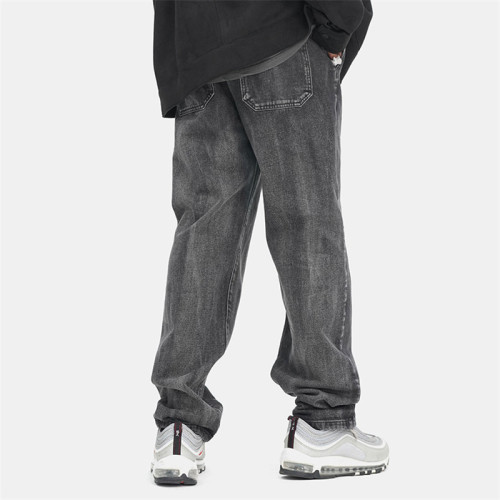 Custom Men's American Retro Straight Jeans | Loose Casual Washed Pant | Distressed Black Trousers