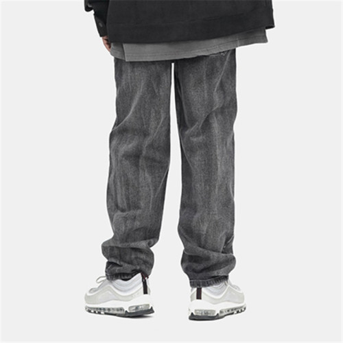 Jeans droit américain rétro pour hommes personnalisés | Pantalon ample décontracté délavé | Pantalon Noir Déchiré