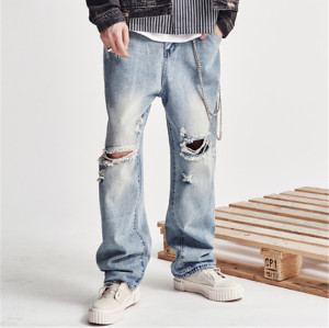 Custom Men's Spring Autumn New Street Pants | Hip-Hop Wide-Leg Trousers | Trend Loose Hole Old Jeans