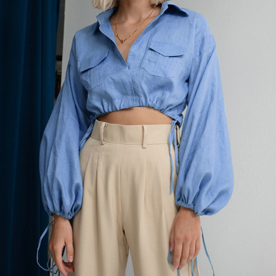 Neue Herbst-Hemden der benutzerdefinierten Frauen| Maßgeschneiderte Hemden aus Baumwolle und Leinen mit Kordelzug| Großhandel Lässige Straßenhemden