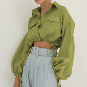 Neue Herbst-Hemden der benutzerdefinierten Frauen| Maßgeschneiderte Hemden aus Baumwolle und Leinen mit Kordelzug| Großhandel Lässige Straßenhemden