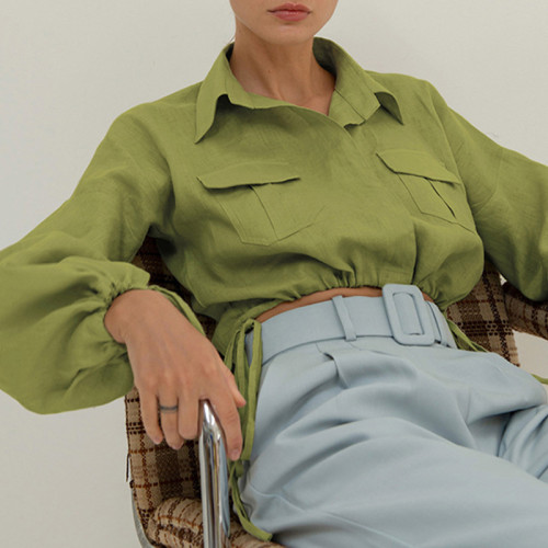 Nouvelles chemises d'automne pour femmes personnalisées | Chemises à cordon en coton et lin personnalisées| Vente en gros Chemises De Rue Décontractées