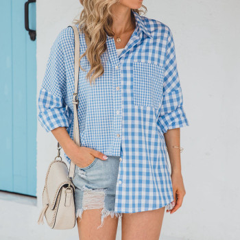 Custom Women's Loose Casual Shirts| Custom Long Sleeve Shirts| Wholesale Patchwork Plaid Shirts