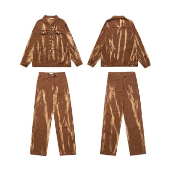 Custom Men's Fashion Tracksuit| Tie-dye Denim Suit For Men American Vibe Trend Baggy Denim Jacket Casual Straight Leg Pants For Men