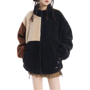Manteau de mode pour femme personnalisé| Veste à col montant en laine d'agneau| Manteau de conception de couleur épissé cardigan à fermeture éclair | Manteau tendance d'hiver 2022 pour femmes